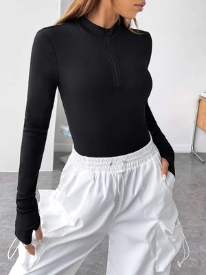 Stand-up Collar Ribbed Zipper Long-sleeved Bodysuit