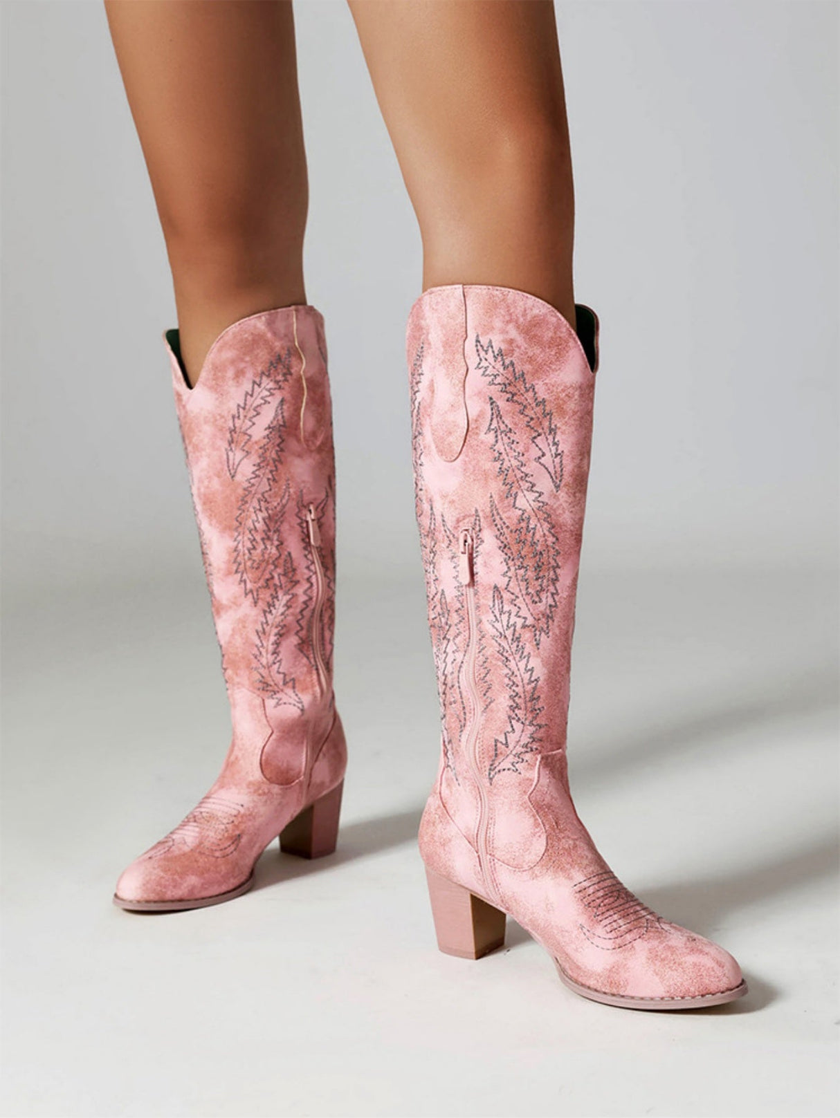 Embroidered Pointed-toe Zipper Mid-calf Pink Western Women's Boots