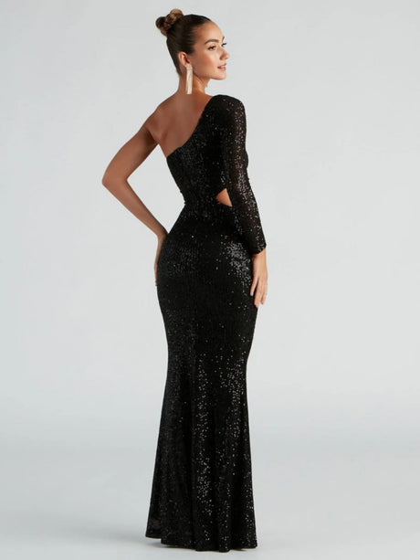 Sloping Shoulder Wrap hip mermaid Sequins Maxi Dresses