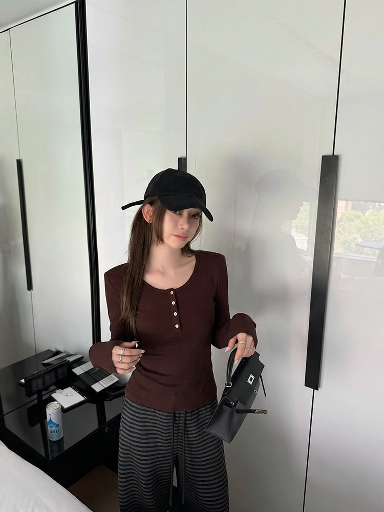 Korean Style Henley Collar Top With Straight Shoulders