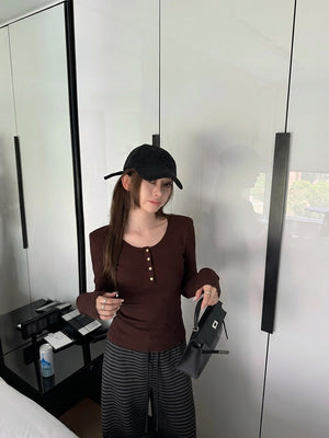 Korean Style Henley Collar Top With Straight Shoulders