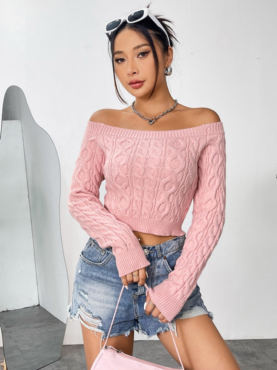 Liber Women's tops sweater round neck navel-baring one-shoulder short cable knit spring pullover