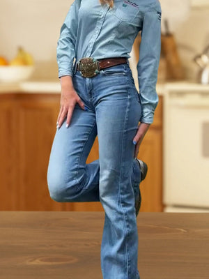 Bestickte, wassergewaschene Stretch-Mikrohorn-Jeans