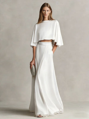 Satin Shawl-Sleeve Long Dress Two-Piece Set
