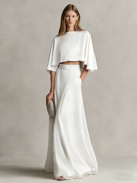 Satin Shawl-Sleeve Long Dress Two-Piece Set