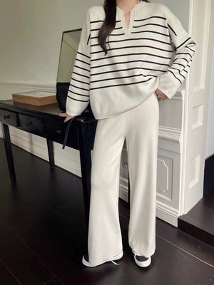 Stylish Two-piece Set: Loose Striped Knit Top, Casual High-waisted Wide-leg Knit Pants