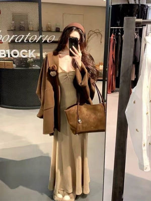 French-style Soft And Gentle Solid Color Dress, Slimming V-neck Knotted Elegant Temperament Waist-cinching Base Long Dress