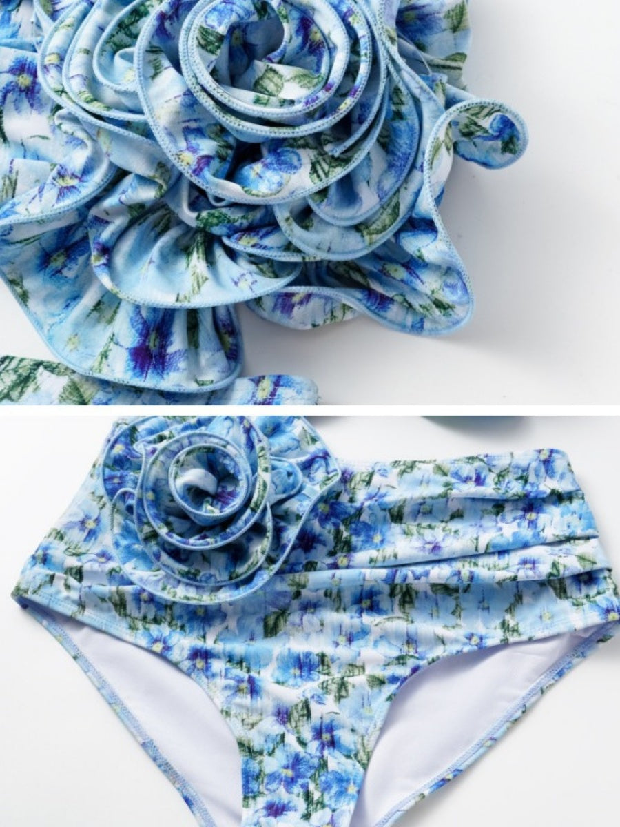 Floral-decorated Hollowed-out One-piece Swimsuit And Sun-protective Long Dress Two-piece Set