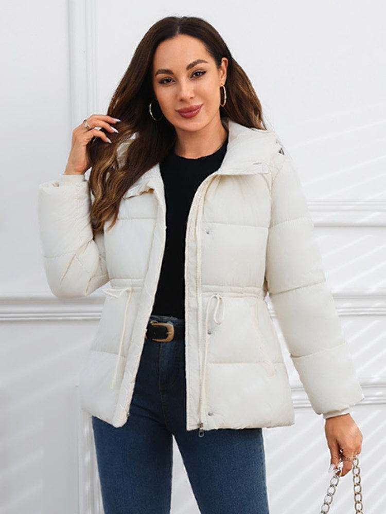 Stand Collar Waist Tie Down Padded Jacket Warm Coat