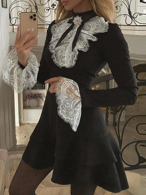 Velvet Black Lace Stitching Waist Mini&Short Dresses
