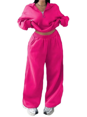 Half-open Pullover Sweatshirt And Trousers Two-piece Set