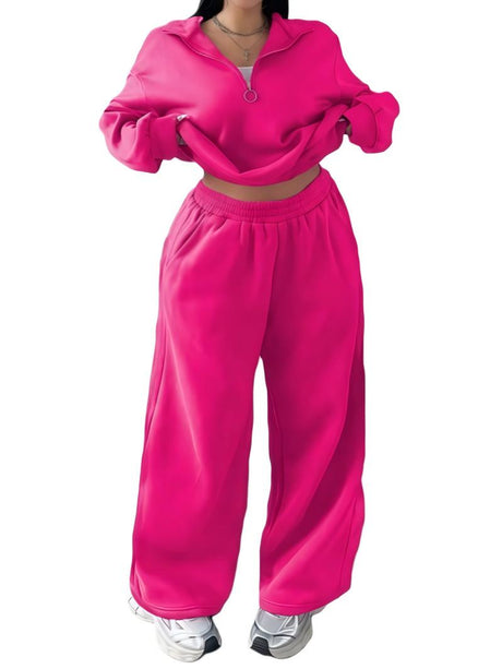 Half-open Pullover Sweatshirt And Trousers Two-piece Set