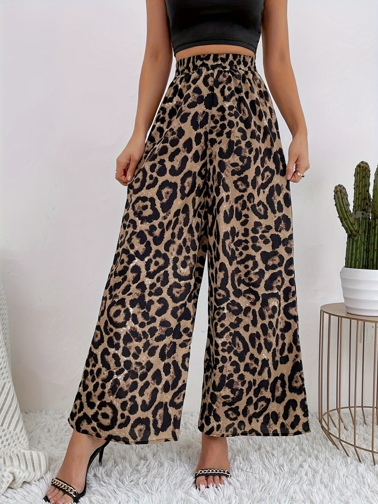 Leopard Print Elastic Waist Draped Loose Casual Wide Trousers