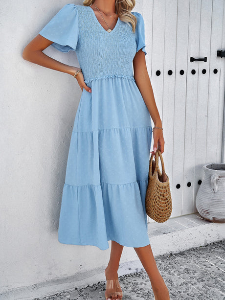 Polka Dots V-neck Tucking And Waist-cinching Short Sleeves Maxi Dresses