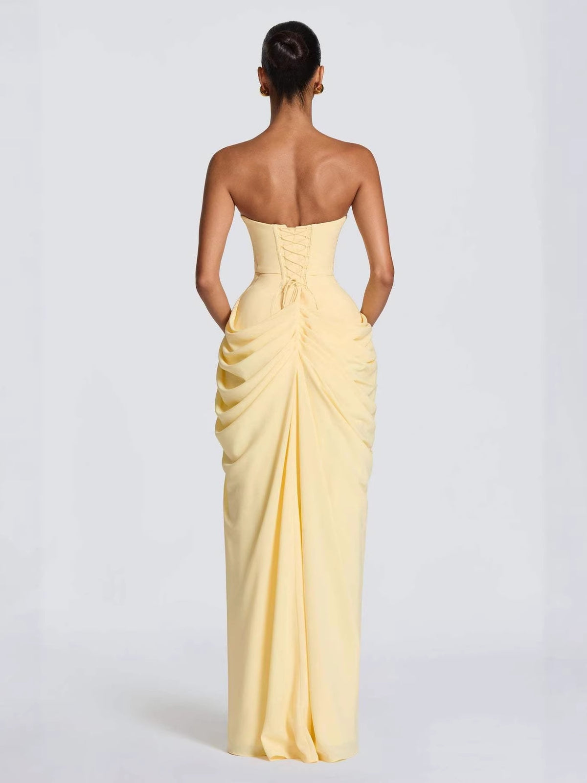 Asymmetrical Pleated Sexy High-slit Strapless Pleated Long Dress