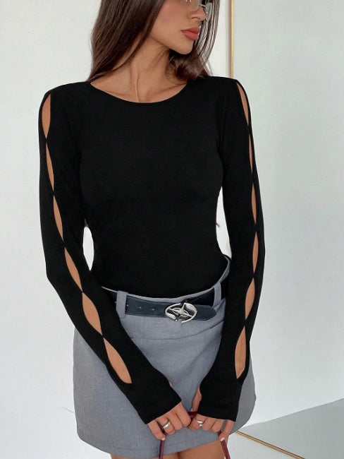 Sexy Long-sleeved Round Neck Solid Color Hollow-out T-shirt