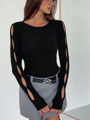 Sexy Long-sleeved Round Neck Solid Color Hollow-out T-shirt