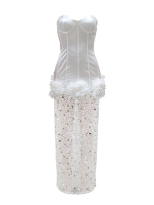 Robe de soirée à sequins et fleurs 3D, jupe en résille, robe moulante bustier maxi