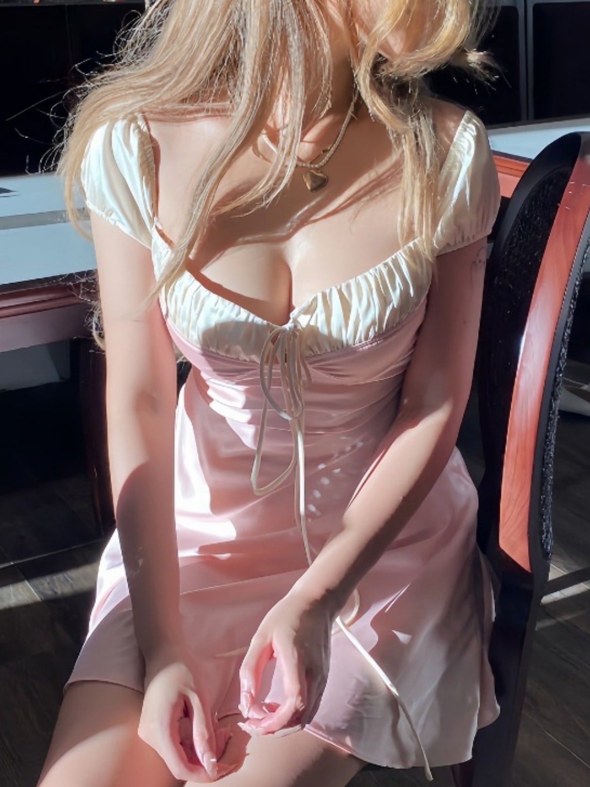 Lace Up Square Neckline And Puff Sleeves Sweet Color Blocking Mini&Short Dresses