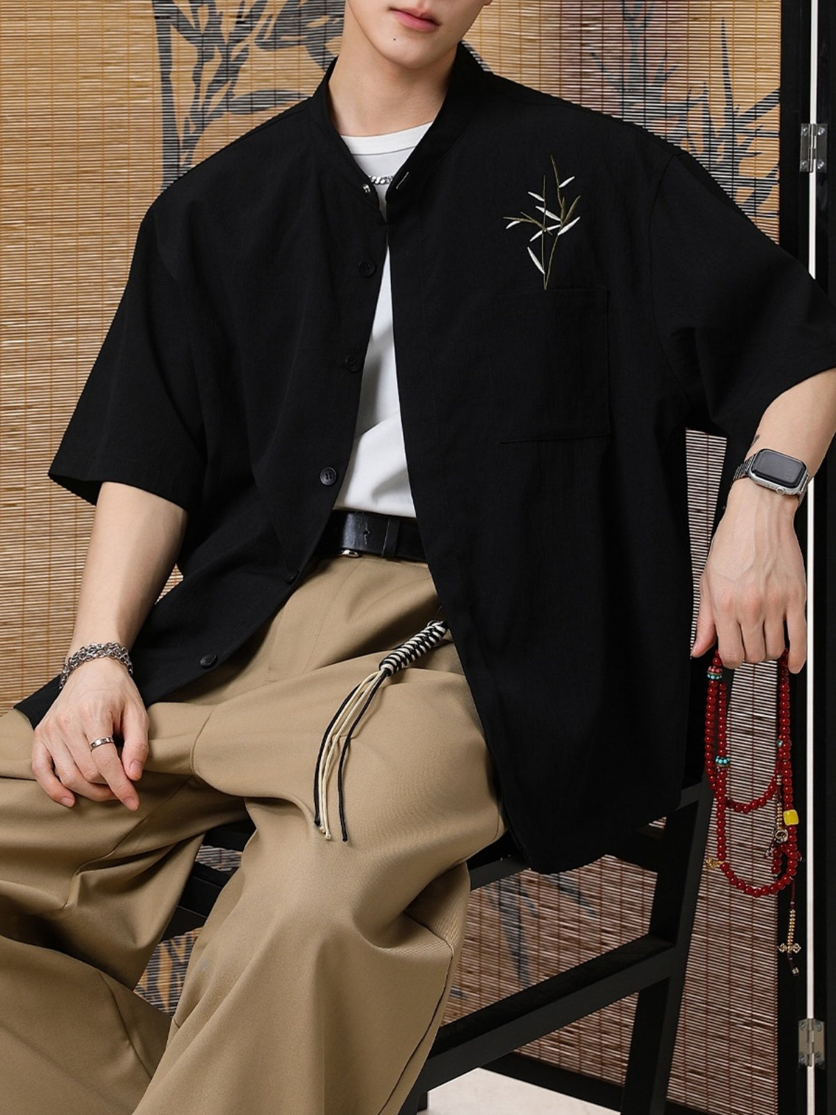 New Chinese Style Breathable Bamboo Leaves Embroidery Shirts