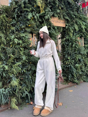 Liber Autumn women's one-piece suit solid color straight pants long-sleeved jumpsuit