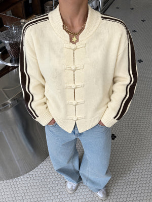Simple Chinese Style Stand-up Collar Color-blocked Striped Button Sweater
