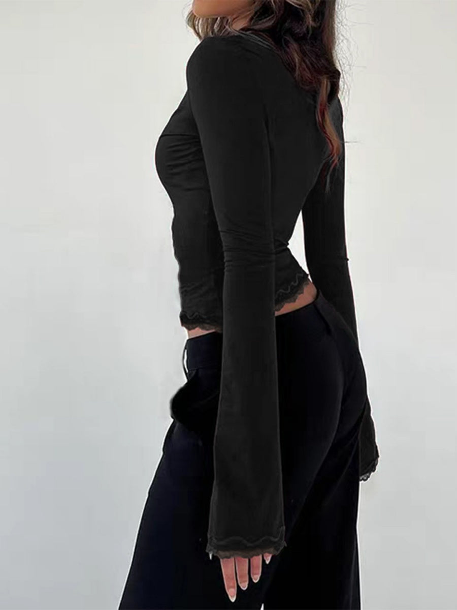 Pullover V-neck Long Sleeve Lace T-shirt