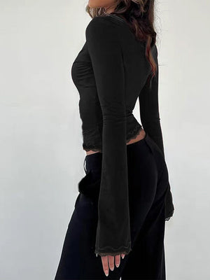 Pullover V-neck Long Sleeve Lace T-shirt