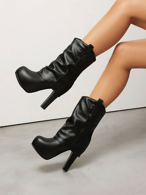 Patchwork Pleated High-heeled Mid-calf Women's Boots