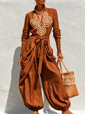 V-neck Tie-up Embroidered Loose-fitting Jumpsuit