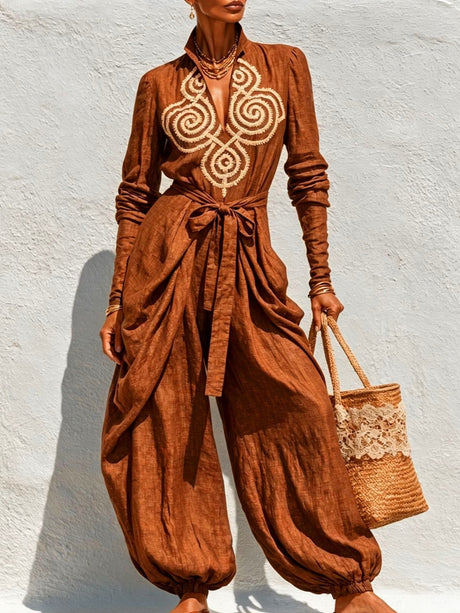 V-neck Tie-up Embroidered Loose-fitting Jumpsuit