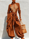 V-neck Tie-up Embroidered Loose-fitting Jumpsuit