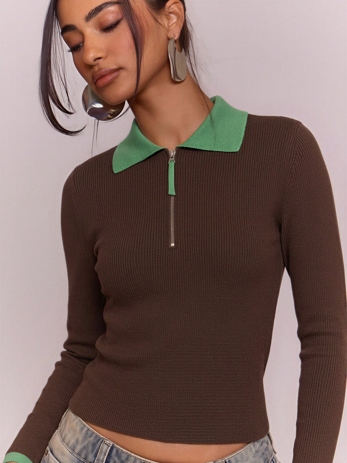 Wool Blend Color-blocked Half-zip Stand Collar Ribbed Pullover Sweater