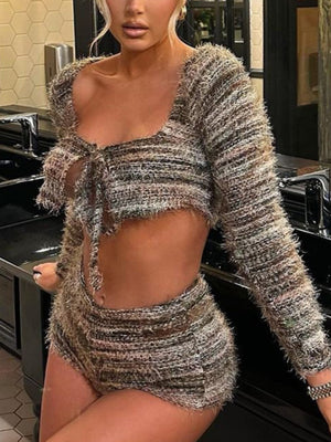 Striped Color Blocking Straps Navel Exposed Long-sleeved Cardigan And Shorts 2-piece Sets