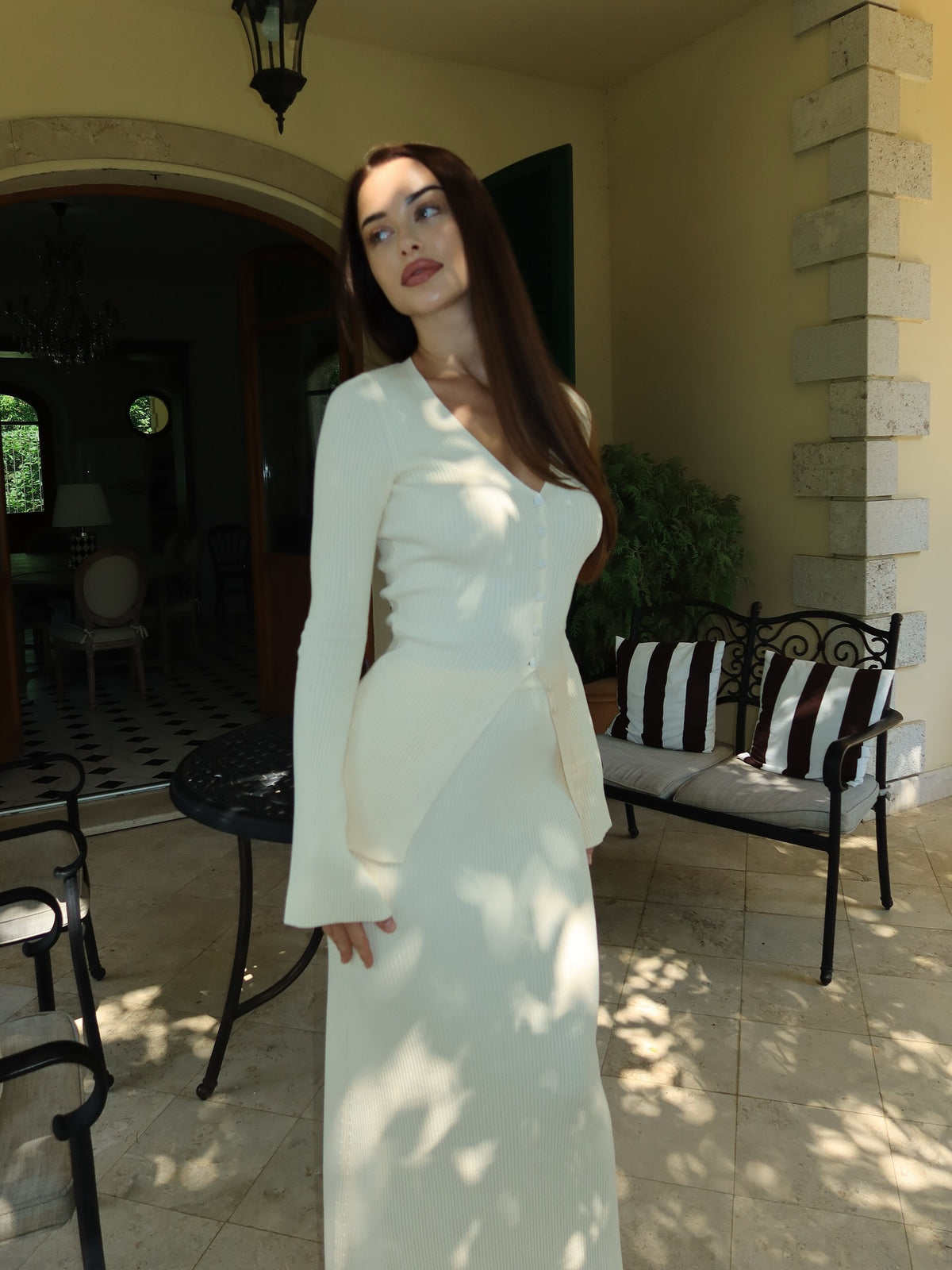 French-style Button-down Design, Flared Sleeves, Sophisticated Two-piece Sweater And Skirt Set, New Autumn/winter Style, High-waisted Knitwear Set.