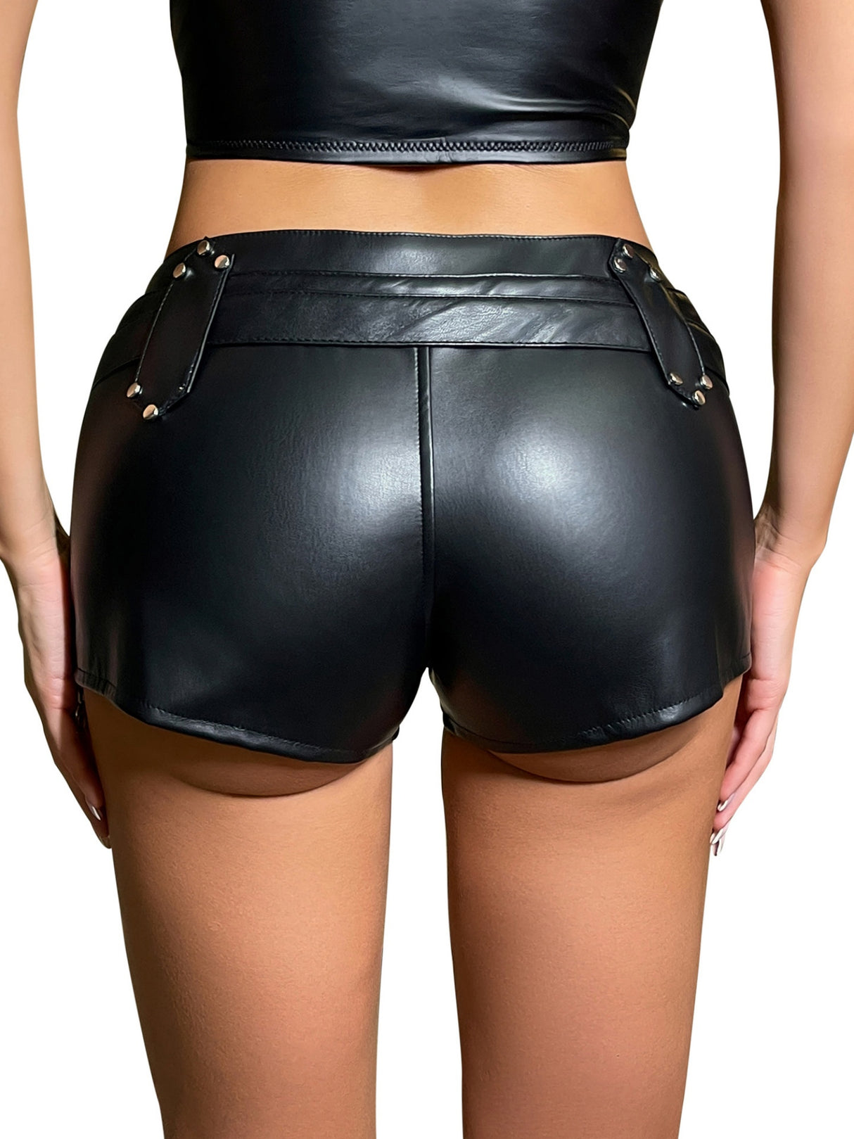 PU Leather Leather Buckle Low-waisted Elastic Shorts