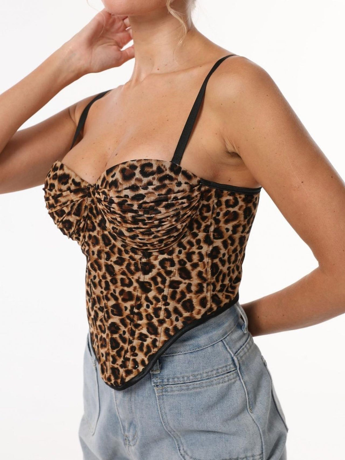 Leopard Print Rhinestone Fishbone Waist-cinching Halter Top