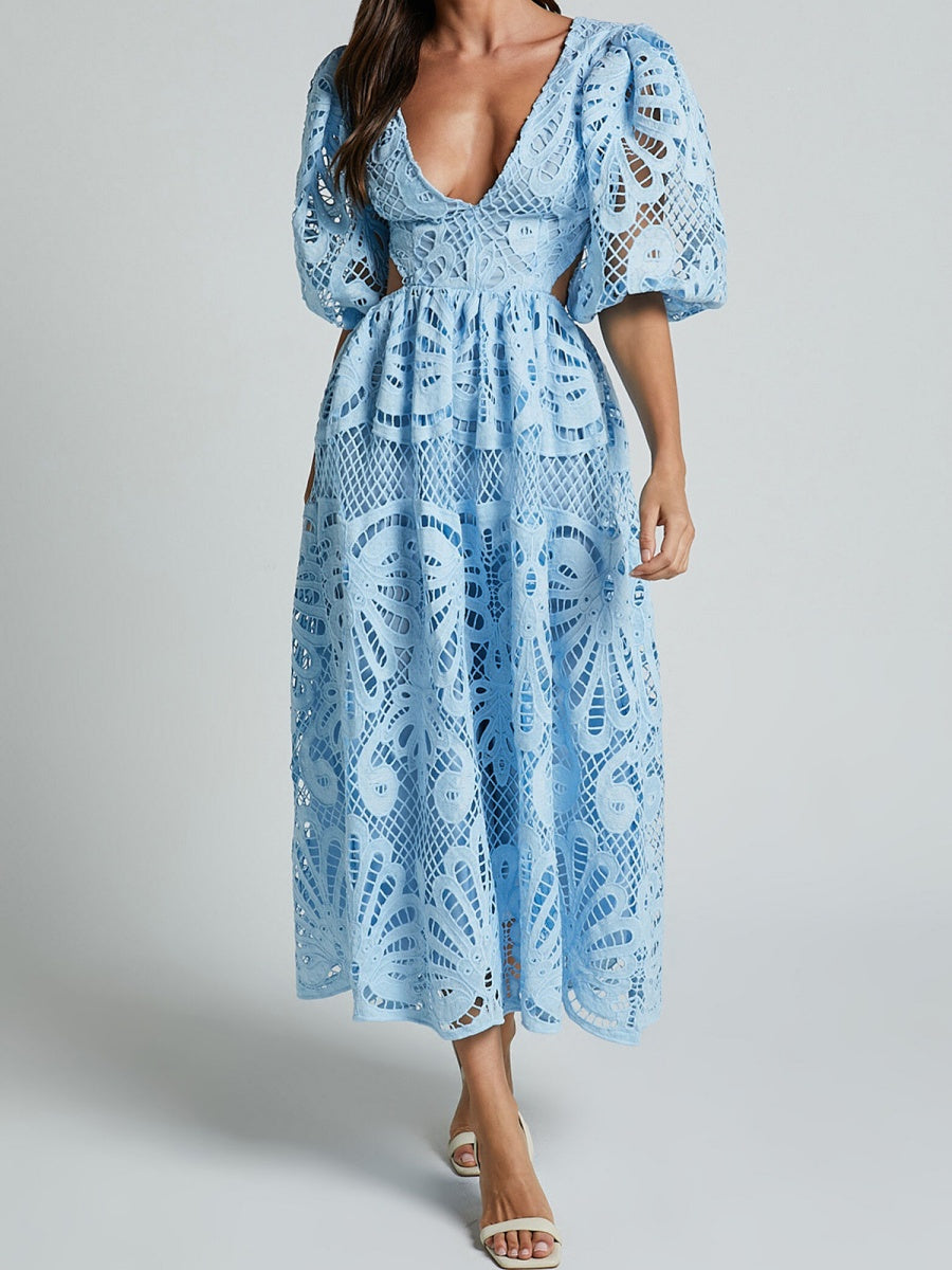 Robe midi sexy en dentelle brodée à col V