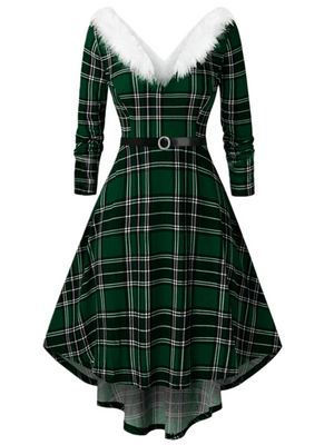 Christmas Plush Splicing V-neck Large Skirt Long Sleeves Midi Dresses