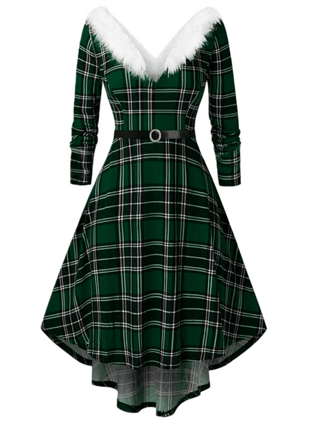 Christmas Plush Splicing V-neck Large Skirt Long Sleeves Midi Dresses