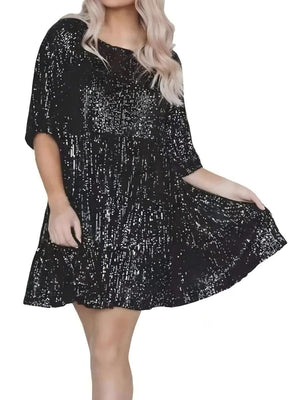 Sequins Crew Neck Loose Waist Short Sleeve Dress
