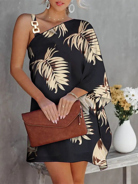 Batwing Sleeve Off-shoulder Metallic Halter Short Dress