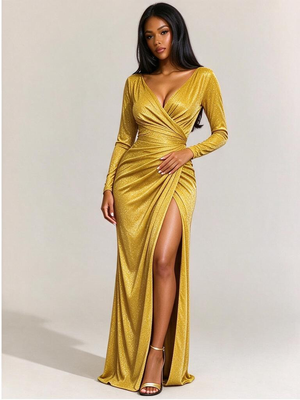 Slit Waist Fitted Zipper Solid Color Long Sleeve Dress