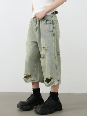 Retro Hole 7 Points Denim Shorts
