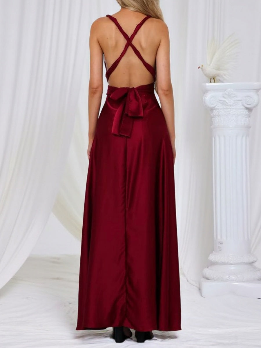V-neck Satin Ribbon Long Skirt Parties Maxi Dresses