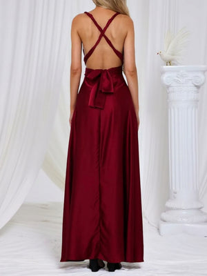 V-neck Satin Ribbon Long Skirt Parties Maxi Dresses