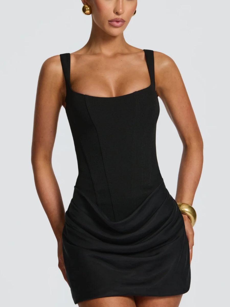 Square Collar High Waist Pleated Parties Cocktail Party Fishbone Decoration Satin Short Dress