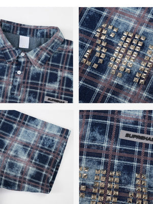 Distressed Tie-dye Plaid Studs Polo Shirts