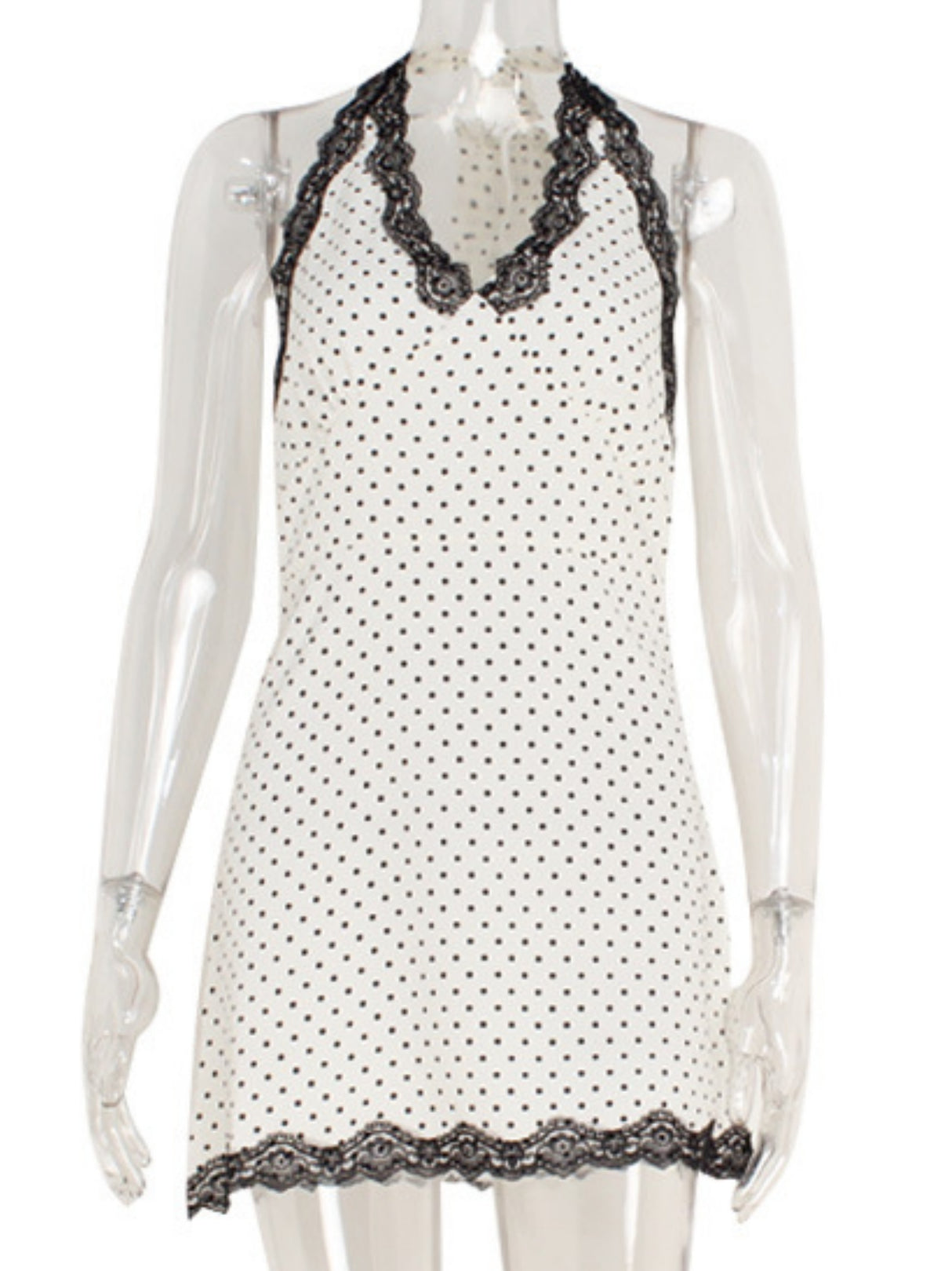 Polka Dots V-neck With Lace Trim Halter Neck And Backless Mini&Short Dresses