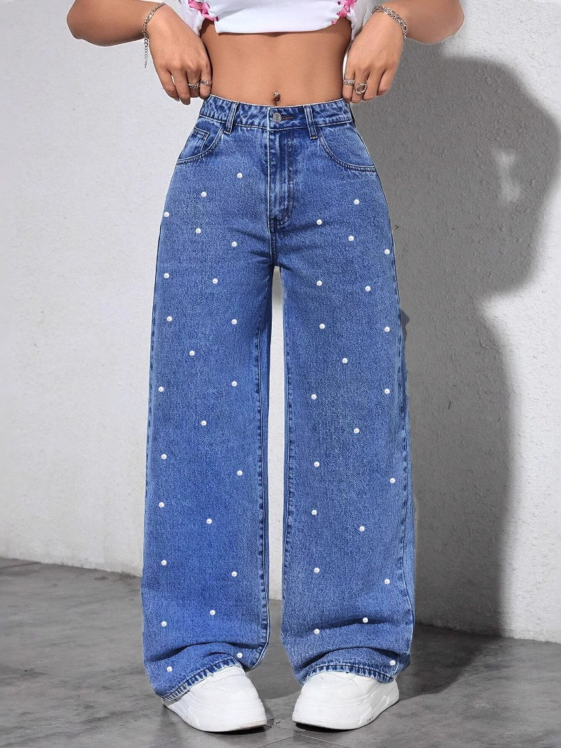 Women's Autumn/Winter Pearl-Embellished Wide-Leg Jeans